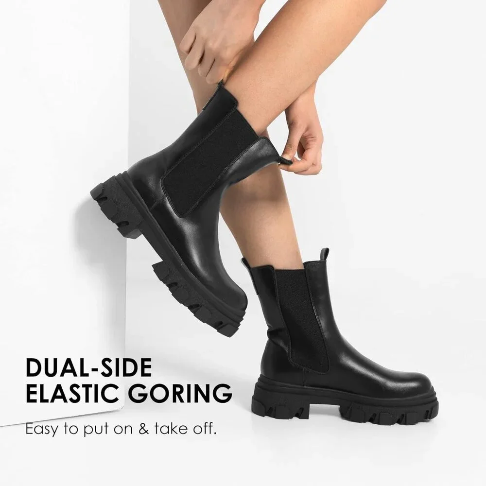 Women's Black PU Platform Chelsea Lug Sole Combat Mid Calf Slip On Ankle Boot - Picture 2 of 5